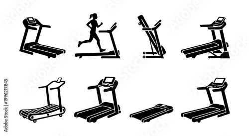 Treadmill icon set with 8 vector silhouettes, fitness running machine equipment collection, gym cardio workout gear illustrations for health apps