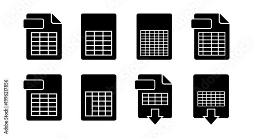 Spreadsheet document icon set, black solid data table symbols, 8 vector file format icons for business accounting and financial reporting