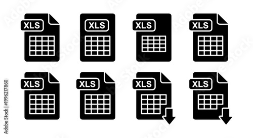 XLS file format icons, spreadsheet document vector set, black solid data table symbols, 8 digital file type icons for business software