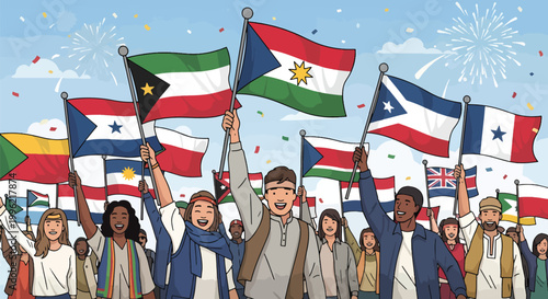 Diverse people hold national flags celebrating diversity with fireworks and confetti in celebratory festival atmosphere.
