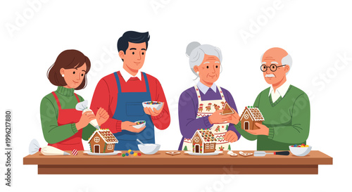 family baking gingerbread houses together at christmas