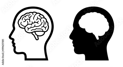 Human brain icon set in profile head silhouette, anatomical mind symbols for mental health and neurology, black and white vector graphics