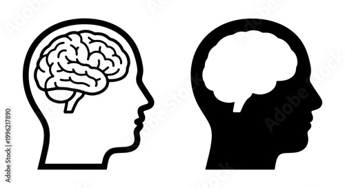 Human brain icon set with head profile silhouettes, mental health and neurology vector symbols, black and white anatomy illustrations for medical design