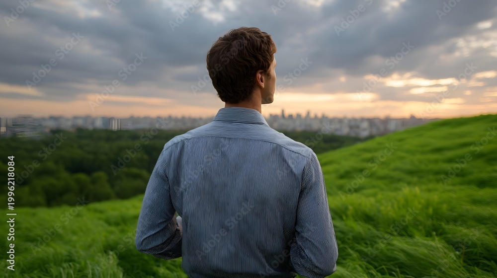 Fototapeta premium A man stands on a grassy hill at dusk overlooking a sprawling city skyline under a dramatic cloudy sky