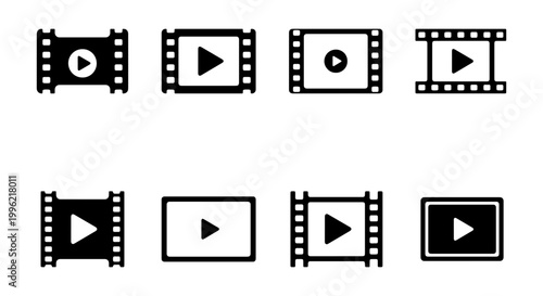 Minimalist movie film strip icons set, black video play button symbols, 8 flat cinema media vector elements for digital streaming and production