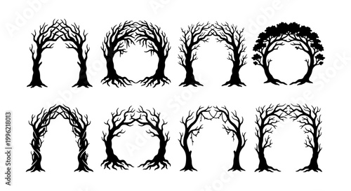 Spooky tree archway silhouettes, set of 8 gothic forest gate vectors, creepy dead branch frames for halloween design, black wood entrance icons