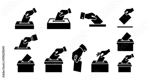 Voting icon set with hands putting ballot paper in box, election day symbols collection, 12 black vector silhouettes for political campaigns