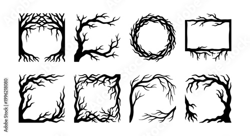 Spooky bare tree branch frames collection, 8 black silhouette gnarled twig borders and wreaths, gothic forest wood frames for Halloween decor
