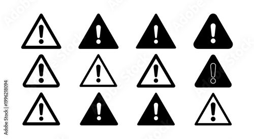 Warning exclamation mark icon set, 12 hazard alert triangle symbols, black and white caution sign collection for safety and notification UI design