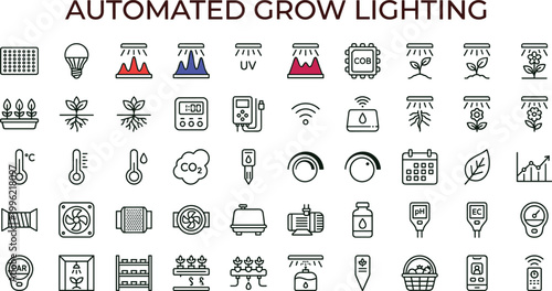 Automated grow lighting outline icon set featuring greenhouse sensor ultraviolet spectrum monitoring vector collection for dashboards interfaces agriculture smart farming systems