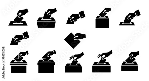Voting icon set with 12 black vector silhouettes, hand putting ballot paper into box, election and democracy symbols for political campaigns