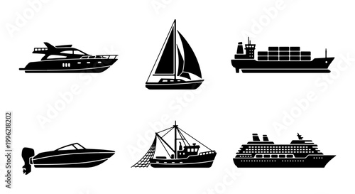 Nautical ship and boat icons set, black silhouette maritime vessel collection, 6 vector illustrations of cruise ship, cargo boat, and yacht