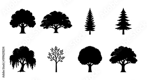 Black tree silhouettes collection, set of 8 nature vector icons, deciduous and evergreen tree shapes, minimalist forest flora graphics for landscape design