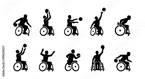 Wheelchair basketball athlete silhouettes, 10 icons of para sports players in action, disabled basketball competition vector set for inclusive design