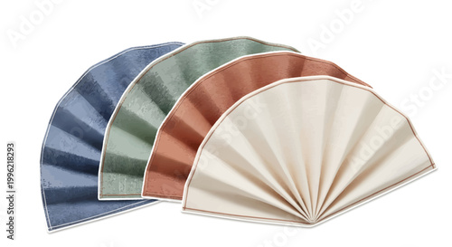 Colorful decorative folding fans in blue, green, brown, and beige
