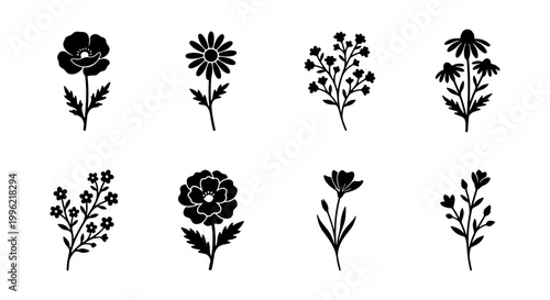 Minimalist black wildflower silhouettes, set of 8 botanical vector icons, hand drawn floral elements for wedding invitations and logo design