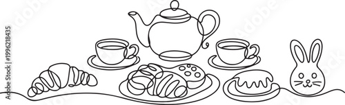 Continuous one line drawing of a charming tea set with pastries, including an easter bunny shaped treat, perfect for a cozy break.one line vector illustration on white background