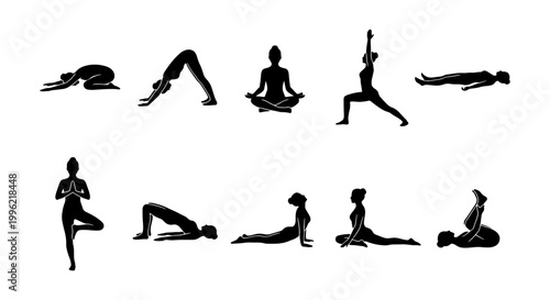 Yoga poses silhouette set, 10 female yoga asana icons, black woman figures in stretching and meditation positions, wellness and fitness vector collection