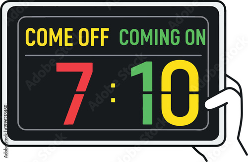 Substitution board used by football referees to display player changes during professional matches shown as digital electronic sign with player numbers.
