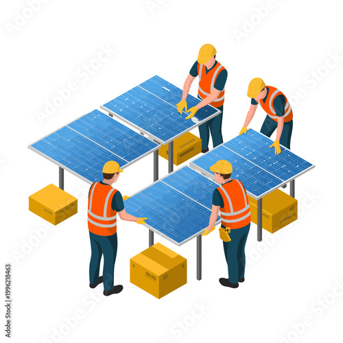 Solar panel workers installing photovoltaic modules in an industrial setting