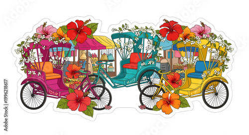 colorful tricycle rickshaws with floral decorations