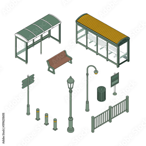 Bus stop vector illustrations with street furniture and urban elements