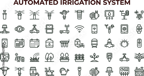 Automated irrigation system outline icon set featuring sprinkler sensor valve monitoring vector collection for dashboards interfaces agriculture smart farming applications