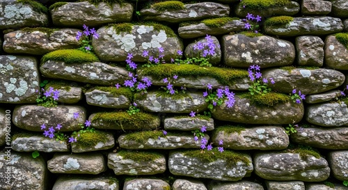 Ancient Stone Wall with Vibrant Green Moss and Delicate Purple Flowers.