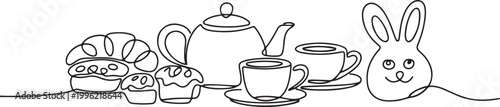Continuous one line drawing of a charming tea set with pastries, including an easter bunny shaped treat, perfect for a cozy break.one line vector illustration on white background