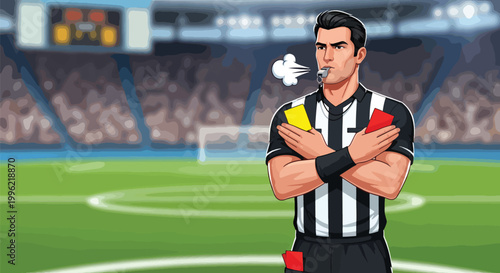 Professional soccer referee holding yellow and red cards with whistle in stadium background vector illustration for football match decision making.