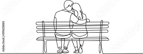Continuous one line drawing of a couple sitting on a park bench, embracing and enjoying a romantic moment from behind.one line vector illustration on white background