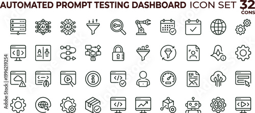 Automated prompt testing dashboard outline icon set featuring analytics monitoring validation vector collection for dashboards interfaces applications workflow optimization systems