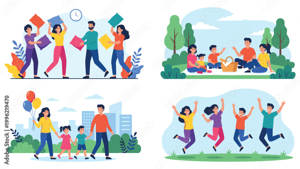 Fototapeta premium Happy family enjoying various outdoor activities and playing together in beautiful park.