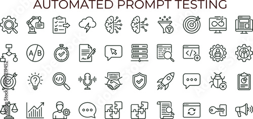 Automated prompt testing workflow outline icon set featuring validation analytics optimization vector collection for dashboards interfaces applications development monitoring systems
