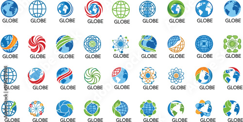 Global and Globe Logo Illustration Set Featuring Various Geographical and Environmental Designs for Branding, Education, and Technology Projects