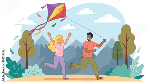 Young couple running and flying colorful kite against mountain landscape during sunny day.