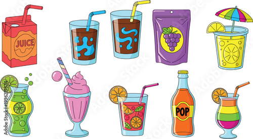 Colorful Refreshing Beverage Icon Set Featuring Juice Box, Fruit Soda, Milkshake, Grape Drink Pouch, Iced Cola, and Tropical Summer Cocktails for Cafe Menu Designs