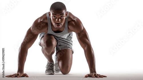 Man performs push ups on clean white background strong man demonstrates physical exercise on white surface