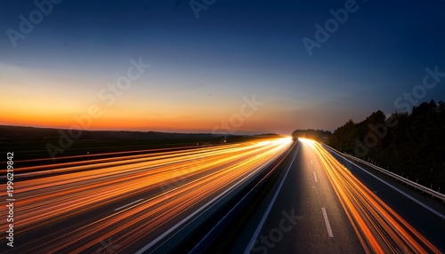 a car is driving on the highway leaving long light trails behind it creating an atmosphere of speed and motion the background features dark tones with subtle orange highlights