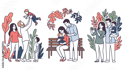 Collection of line art family scenes showing parents with baby and children in city park.