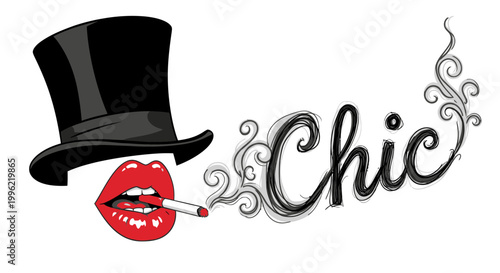 Glamorous Lips Smoking Cigarette with Top Hat and "Chic" Smoke
