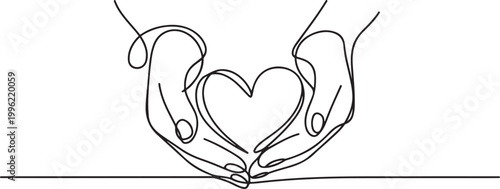 Hands holding heart continuous one line art drawing. Charity donation linear symbol.one line vector illustration on white background