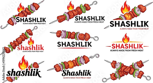 Shashlik Logo and Branding Illustration Set Featuring Grilled Skewers and Fire Elements for Food, Restaurant, and Culinary Design Projects