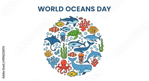 World Oceans Day circular design showcasing diverse marine animals and coral, celebrating ocean life and conservation on a light blue background.