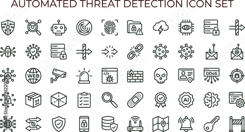 Automated threat detection cybersecurity outline icon set featuring malware monitoring encryption protection vector collection for dashboards interfaces applications security platforms