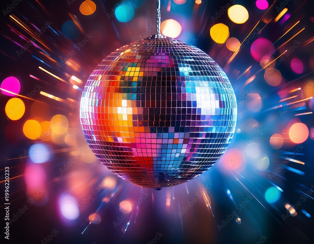 Obraz premium colorful disco ball with vibrant neon lights and bokeh effects on a dark background creating a dynamic and energetic atmosphere for a nightclub party shiny mirror ball reflections and blurred motion