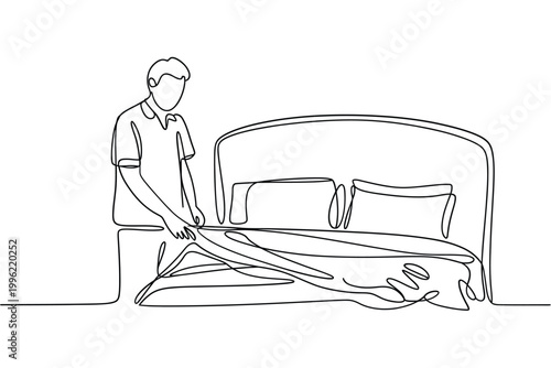 continuous line drawing of person making bed
