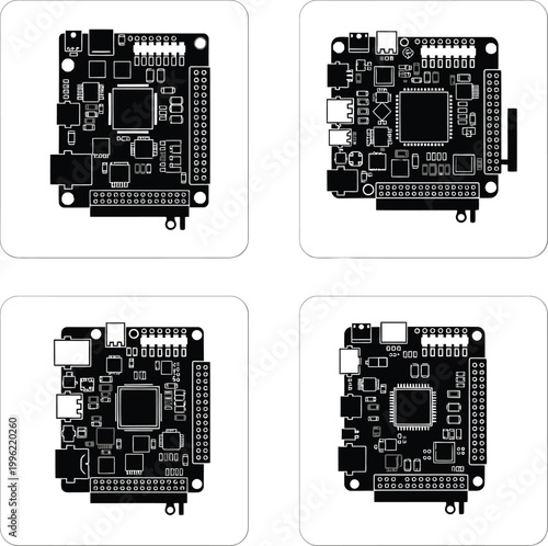 Electronic circuit board icon set with microprocessor and microchip components isolated on transparent background, PCB hardware technology collection
