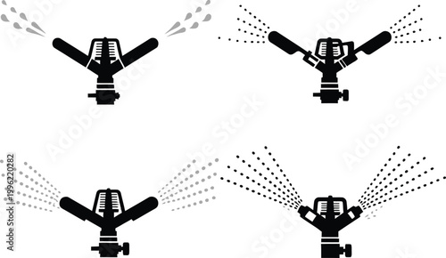 Industrial sprinkler irrigation icon set isolated on transparent background, agriculture watering system and farm equipment silhouette collection