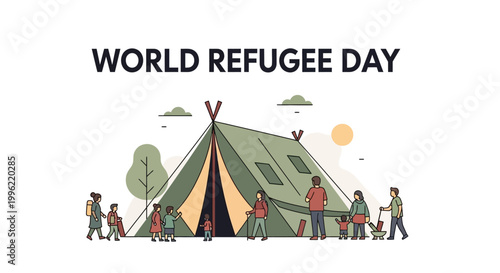 World Refugee Day illustration, group of diverse people including families and children gathered near a large tent in an outdoor refugee camp setting, symbolizing community and resilience.